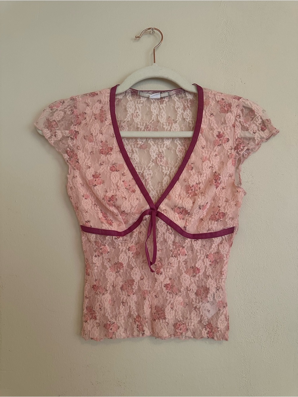 Kimchi Blue Pink Floral Lace Tie-Front Top with Berry Trim